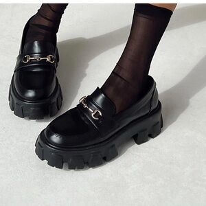 Princess Polly Penny Lane Chunky Loafers in Black with Gold Detail | 10